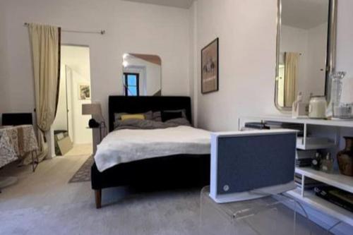 a bedroom with a bed and a tv in it at Exclusive apartement in historic center in Linz