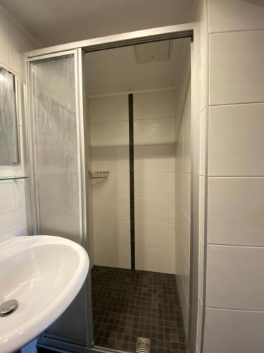 ドレスデンにあるAm Wilden Mannのバスルーム(シャワー、白いシンク付)