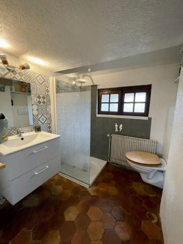 une salle de bain avec toilettes, lavabo et douche dans l'établissement Maison à proximité de Barbizon / Fontainebleau / A6, à Saint-Sauveur-sur-École