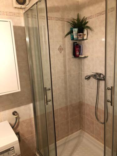 a shower in a bathroom with a glass shower stall at Cosy apartment-private parking in Zagreb
