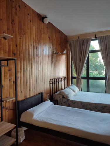 two beds in a room with wooden walls and a window at Pensión La Fruta in Avilés