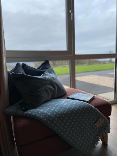 a couch with pillows sitting in front of a window at Woodside Apartments in St. Andrews
