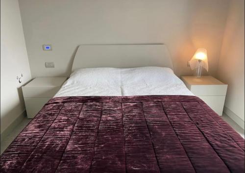 1 dormitorio con 1 cama grande con manta roja en Grazioso appartamento con giardino privato en Asti
