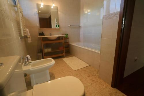 uma casa de banho com um WC, um lavatório e um chuveiro em Ribeira Grande Ocean View Apartment na Ribeira Grande