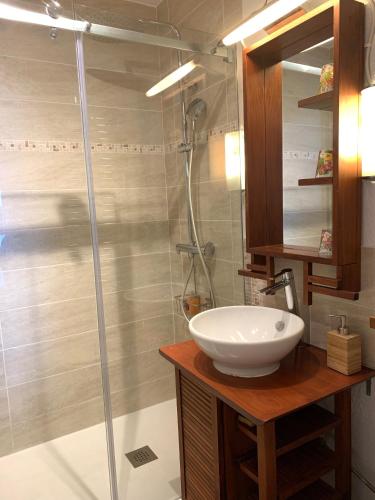 une salle de bain avec un lavabo et une douche dans l'établissement BRIGITTE Studio centre Saint Tropez parking piscine wifi vue mer, à Saint-Tropez