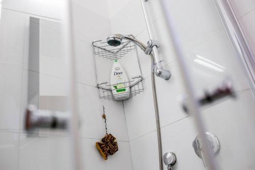 La salle de bains est pourvue d'un pommeau de douche suspendu au mur. dans l'établissement Ben Yehuda Beach Appartment, à Tel Aviv