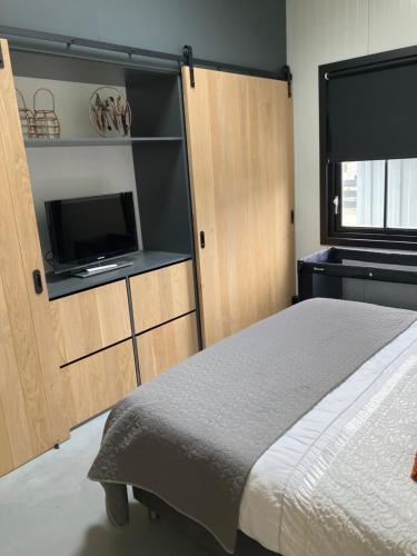 Schlafzimmer mit einem Bett und einem Flachbild-TV in der Unterkunft Woudmeer 1 in Dirkshorn