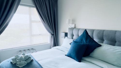 a bedroom with a bed with blue pillows and a window at Csig Vleesbaai in Vleesbaai