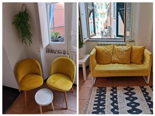 2 Bilder eines Wohnzimmers mit Sofa und Tisch in der Unterkunft Il Balconcino sul carugio in Monterosso al Mare
