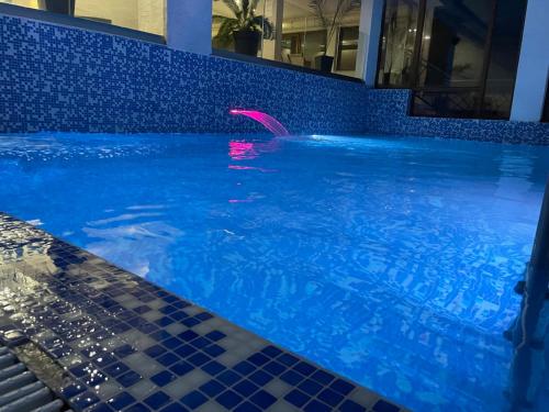 a swimming pool with blue tiles and a pink dolphin at Pano Kopaonik Panorama in Kopaonik