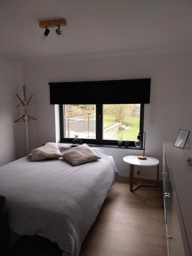 a bedroom with a bed and a large window at Au Cœur des Vallées in Couvin