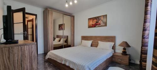 a bedroom with a bed and a television in it at M.Dosoftei 126 in Chişinău