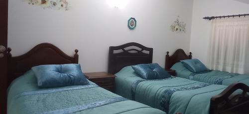 um quarto com 2 camas com almofadas azuis em La maison du bonheur em Celavisa