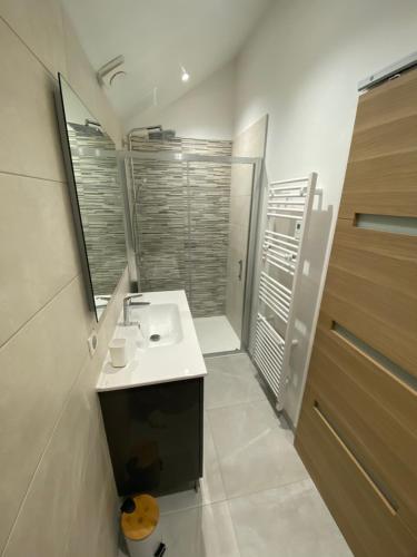 ein Bad mit einem Waschbecken, einem Spiegel und einer Dusche in der Unterkunft Chez Mongery in Landreville