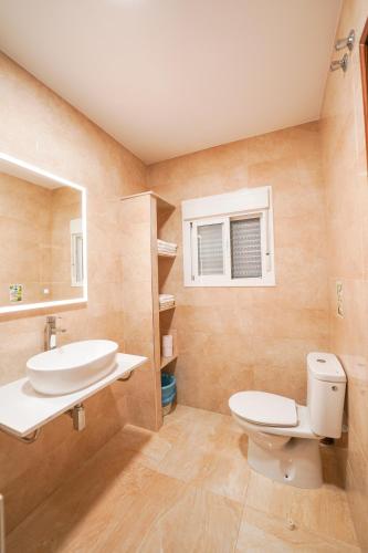 a bathroom with a toilet and a sink and a mirror at Hostal Los Mellizos in Conil de la Frontera