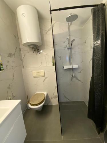 uma casa de banho com um chuveiro, um WC e um lavatório. em Apartman Matošević em Poreč