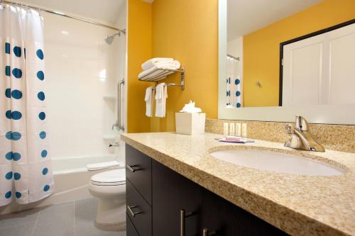 a bathroom with a sink and a toilet and a mirror at TownePlace Suites by Marriott Carlsbad in Carlsbad