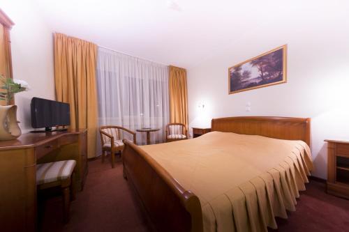 a hotel room with a bed and a table and chairs at Hotel Transilvania in Alba Iulia