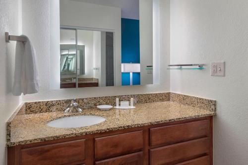 a bathroom with a sink and a large mirror at Residence Inn Long Island Hauppauge/Islandia in Hauppauge