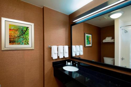 uma casa de banho com um lavatório e um espelho grande em Fairfield Inn & Suites by Marriott Newark Liberty International Airport em Newark