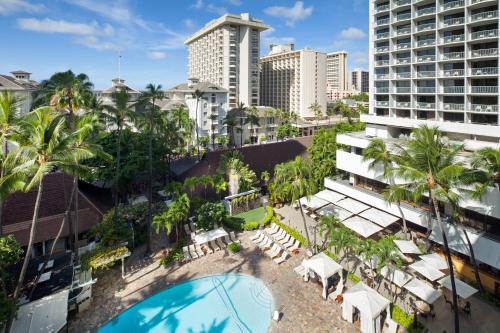 an aerial view of a resort with a pool and buildings at Sheraton Princess Kaiulani in Honolulu