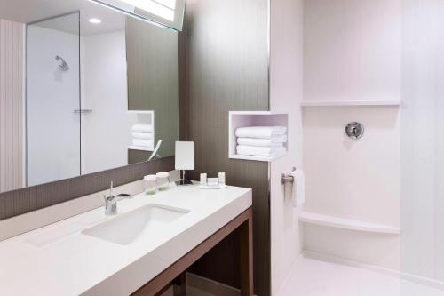a bathroom with a sink and a mirror and a shower at Courtyard by Marriott Fort Worth Alliance Town Center in Fort Worth