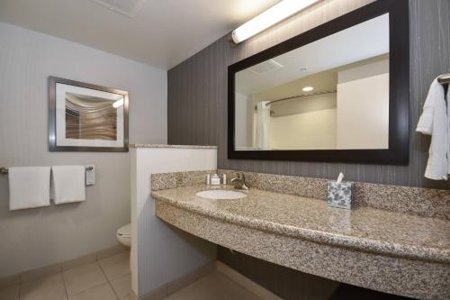 La salle de bains est pourvue d'un lavabo et d'un miroir. dans l'établissement Courtyard Charlotte Concord, à Concord