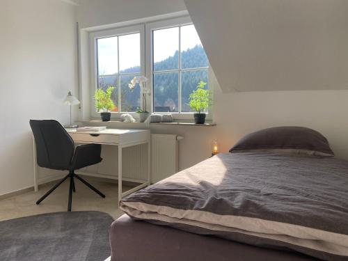 Schlafzimmer mit einem Bett, einem Schreibtisch und einem Fenster in der Unterkunft Ferienwohnung Westerwaldblick Haiger in Haiger