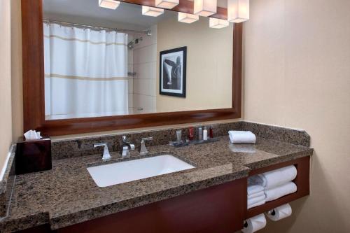 a bathroom with a sink and a mirror at Long Island Marriott Hotel in Uniondale