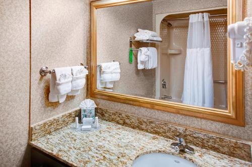 ein Badezimmer mit einem Waschbecken, einem Spiegel und Handtüchern in der Unterkunft TownePlace Suites Atlanta Buckhead in Atlanta