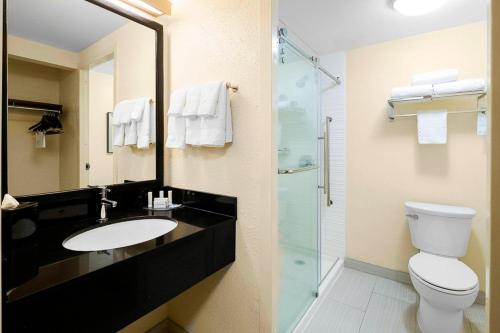 a bathroom with a sink and a toilet and a shower at Fairfield Inn & Suites Macon in Macon
