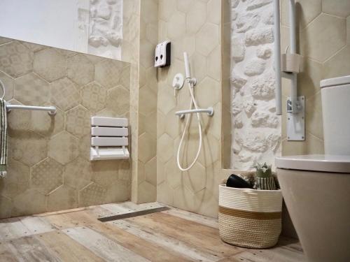 a bathroom with a shower and a toilet and a sink at La Casa Rebonita ACCESA in Candelario