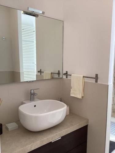 a bathroom with a white sink and a mirror at Diego's Apartment - Monza Park in Biassono