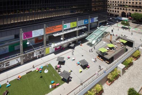 an aerial view of a plaza in a city at Sheraton Grand Los Angeles in Los Angeles