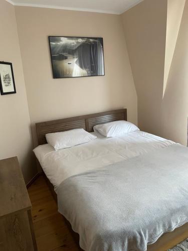 sypialnia z 2 łóżkami i zdjęciem na ścianie w obiekcie Apartament Mikołajki w mieście Mikołajki