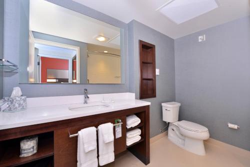 Residence Inn by Marriott East Lansing في إيست لانسنغ: حمام مع حوض ومرحاض ومرآة