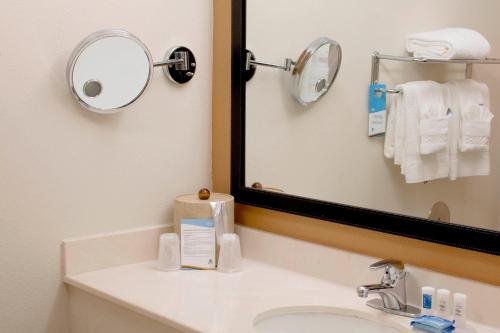 a bathroom with a sink and a mirror at Fairfield Inn & Suites Oakland Hayward in Hayward