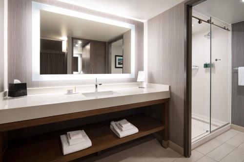 西雅圖的住宿－西雅圖市中心/聯合湖萬怡酒店，一间带水槽、镜子和淋浴的浴室