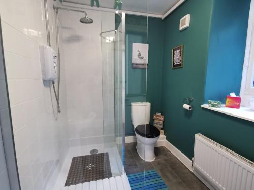 a bathroom with a toilet and a glass shower at No 8 Snowdonia. 3 Bedroom, sleeps 5. Pets accepted in Blaenau-Ffestiniog