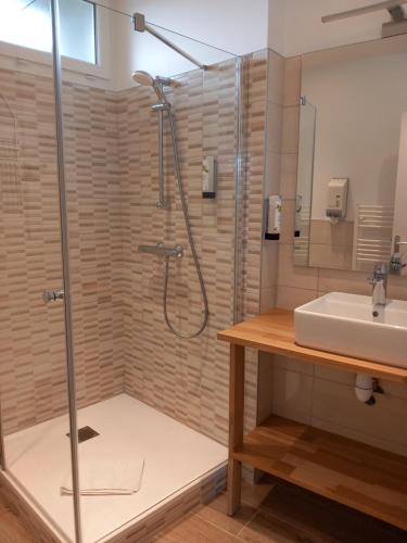 uma casa de banho com um chuveiro e um lavatório. em Logis Hermitage em Perros-Guirec