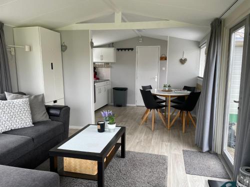 a living room with a couch and a table at Luxe chalet Friesland i14 - 5 pers in Westergeest