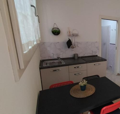 a small kitchen with a table and a sink at La Casina Tuttomondo in Viareggio