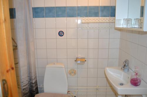 a bathroom with a toilet and a sink at Lilla Hotellet Bed & Breakfast i Alingsås in Alingsås