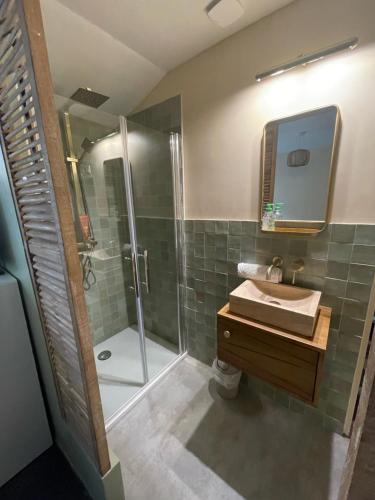 a bathroom with a shower and a sink and a mirror at Le clos de Marissel in Beauvais