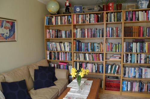 a living room with book shelves filled with books at Lilla Hotellet Bed & Breakfast i Alingsås in Alingsås