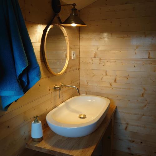 une salle de bain avec un lavabo et un miroir dans l'établissement L'Ecluse, à Sornay