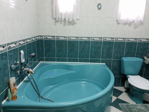 a bathroom with a blue tub and a toilet at Antal Apartmans Lunca de Sus Kulcsosház Gyimesfelsőlok in Lunca de Sus