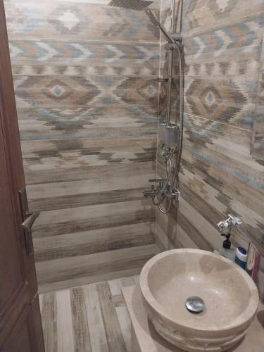 ein Badezimmer mit einem Waschbecken und einer Holzwand in der Unterkunft Royal suite in Alexandria