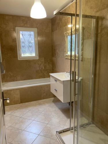 uma casa de banho com um chuveiro, um lavatório e uma banheira em Maison entière proche du centre le Bugue em Le Bugue