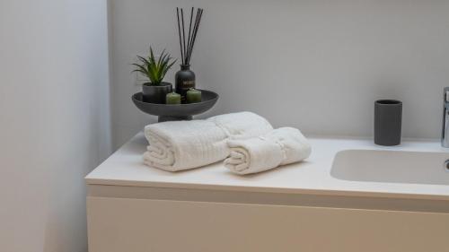 two towels sitting on a counter in a bathroom at homy City Diamant in Feldkirch, Grenznähe und doch Zentral in Feldkirch